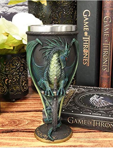 Ebros Ruth Thompson Dragon's Lair Collection Winged Dragon With Divine Sword 8oz Wine Goblet Chalice Cup Figurine Resin With Stainless Steel Liner Medieval Dungeons Dragons Alchemy Skull Blade Drake