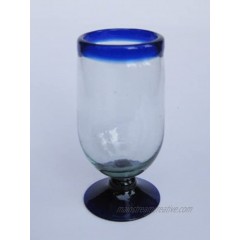 Mexican Blown Glass Tall Water Goblets Cobalt Blue Rim Set of 6