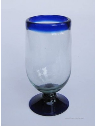 Mexican Blown Glass Tall Water Goblets Cobalt Blue Rim Set of 6