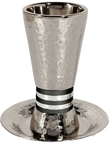 Yair Emanuel | Wine Goblet Kiddush Cup Cone Shaped Hammered Nickel Designed with Black Rings | CUT-4