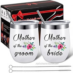 2 Pieces Mother of Bride and Groom Coffee Mugs Meaningful Wedding Gift for Engagement Bridal Shower Announcement Party 12 Oz Stainless Steel Mug Tumblers with Lids Straws Brushes