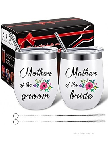 2 Pieces Mother of Bride and Groom Coffee Mugs Meaningful Wedding Gift for Engagement Bridal Shower Announcement Party 12 Oz Stainless Steel Mug Tumblers with Lids Straws Brushes