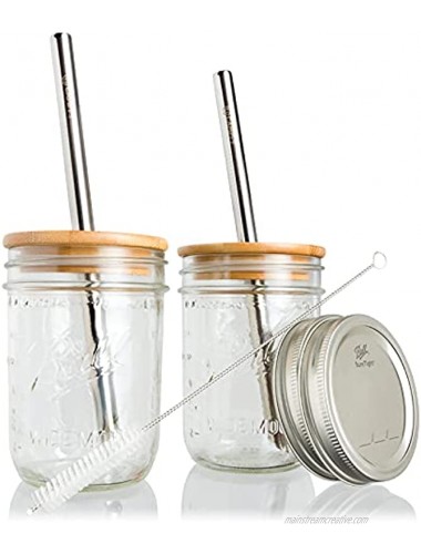 CAMPFY Reusable Boba Bubble Tea & Smoothie Cups 2 Wide Mouth Ball Mason Jars 16oz with Bamboo Lids 2 Angled-Tip Reusable Stainless Steel Boba Straws and Cleaning Brush