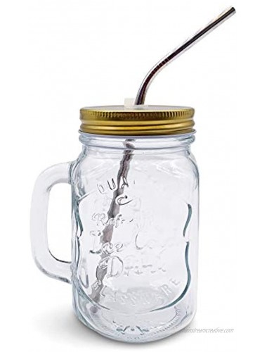 Home Suave Mason Jar Mugs with Handle Regular Mouth Colorful Lids with 2 Reusable Stainless Steel Straw Set of 2 Gold Kitchen Glass 16 oz Jars,Refreshing Ice Cold Drink & Dishwasher Safe