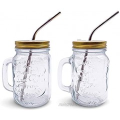 Home Suave Mason Jar Mugs with Handle Regular Mouth Colorful Lids with 2 Reusable Stainless Steel Straw Set of 2 Gold Kitchen Glass 16 oz Jars,Refreshing Ice Cold Drink & Dishwasher Safe