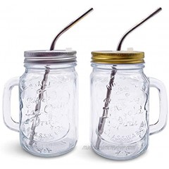 Home Suave Mason Jar Mugs with Handle Regular Mouth Lids with 2 Reusable Stainless Steel Straw Set of 2 Silver&Gold Kitchen Glass 16 oz Jars,Refreshing Ice Cold Drink & Dishwasher Safe