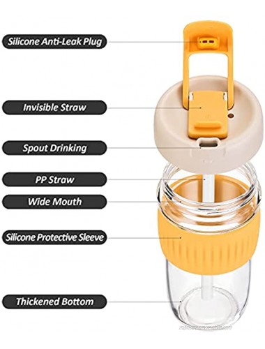 Kodrine 12oz Glass Coffee Mug with Lid and Straw,2 Ways Drinking Water Bottle,Wide Mouth Smoothie Cup Reusable Dishwasher Safe & BPA FREE -Yellow