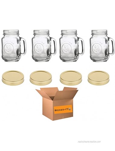 Mason Jar Mugs with Glass Handles and Gold Lids | 16 oz Drinking glasses And Durable Glass | Vintage Rustic Look | Set of 4 | Bundled By Boxed-IT 4 Pack