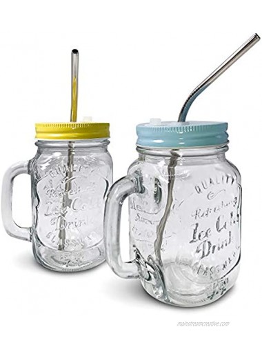 Mason Jar Mugs with Handle Regular Mouth Colorful Lids with 2 Reusable Stainless Steel Straw Set of 2 Kitchen GLASS 16 oz Jars,Refreshing Ice Cold Drink & Dishwasher Safe