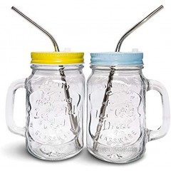 Mason Jar Mugs with Handle Regular Mouth Colorful Lids with 2 Reusable Stainless Steel Straw Set of 2  Kitchen GLASS 16 oz Jars,"Refreshing Ice Cold Drink" & Dishwasher Safe