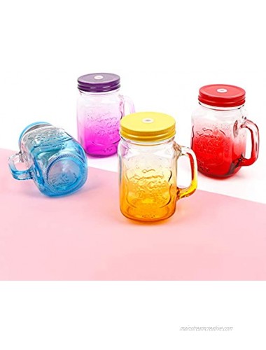 Mason Jar with Handle Set of 4 Color Mason Drinking Mug with Lids & Straws 16 oz Regular Mouth Glass Jars with 4 Straw Hole Lids 4 Extra Sealing Lid 8 Plastic Straw