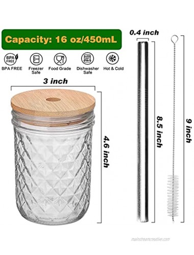 Mason Jar with Lid And Straw 16 Oz Wide Mouth Drinking Glasses With Bamboo Lids Reusable Mason Jar Cups For Smoothie Iced Coffee Bubble Tea Juice Cocktail Drinks （Set Of 3