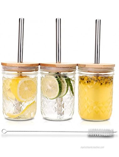Mason Jar with Lid And Straw 16 Oz Wide Mouth Drinking Glasses With Bamboo Lids Reusable Mason Jar Cups For Smoothie Iced Coffee Bubble Tea Juice Cocktail Drinks （Set Of 3