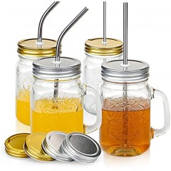 Mason jars with handle Set of 4 Mason Drinking Mug with Lids & Straws 16 OZ With 4 Straw Hole Lids  4 Reusable Stainless Steel Straw 4 Extra Sealing Lid