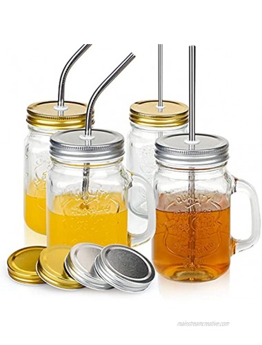 Mason jars with handle Set of 4 Mason Drinking Mug with Lids & Straws 16 OZ With 4 Straw Hole Lids 4 Reusable Stainless Steel Straw 4 Extra Sealing Lid