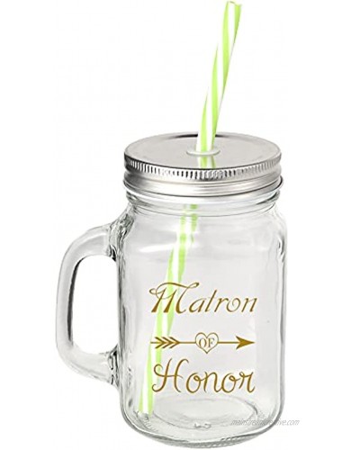 Matron of Honor Wedding Bridesmaid Proposal Gifts Set 17 Ounce Glass Mason Jar with Straw Juice Cup Wedding Party Favors