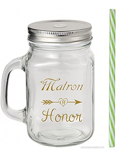 Matron of Honor Wedding Bridesmaid Proposal Gifts Set 17 Ounce Glass Mason Jar with Straw Juice Cup Wedding Party Favors