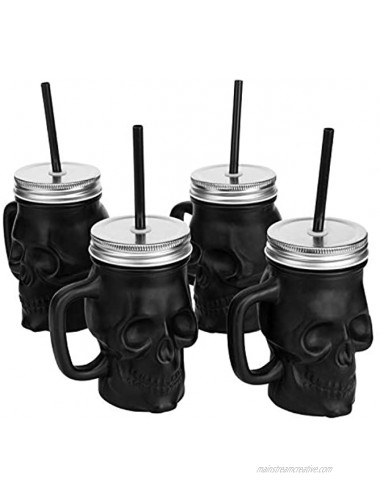 MyGift Matte Black Glass Skull Face Wide-Mouth Mason Jar Mugs with Silver Screw On Lid and Reusable Straw Decorative Halloween Drinkware 12 oz Set of 4