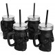 MyGift Matte Black Glass Skull Face Wide-Mouth Mason Jar Mugs with Silver Screw On Lid and Reusable Straw Decorative Halloween Drinkware 12 oz Set of 4