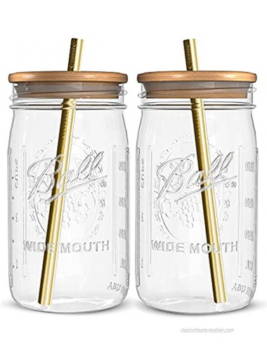 Reusable Boba Bubble Tea & Smoothie Cups 2 Glass Wide Mouth 32oz Ball Mason Jars with Bamboo Lids 2 Reusable Gold Stainless Steel Boba Straws Brand Capsule Classic