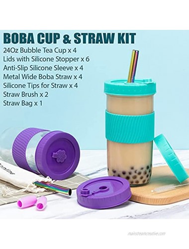 Reusable Boba Cup Bubble Tea Cup 4 Pack 24Oz Wide Mouth Smoothie Cups with Lid Silicone Sleeve & Angled Wide Straws Leakproof Glass Mason Jars Drinking Water Bottle Travel Tumbler for Large Pearl