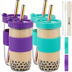 Reusable Boba Cup Bubble Tea Cup 4 Pack 24Oz Wide Mouth Smoothie Cups with Lid Silicone Sleeve & Angled Wide Straws Leakproof Glass Mason Jars Drinking Water Bottle Travel Tumbler for Large Pearl