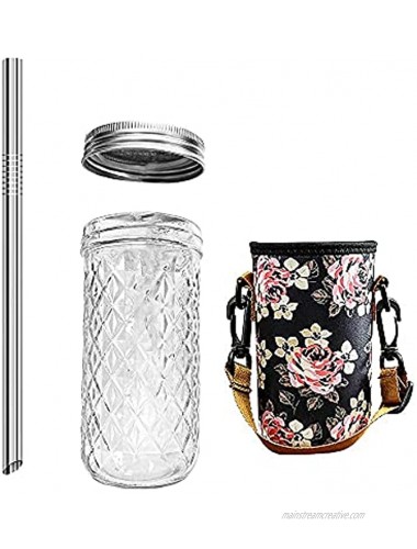 Reusable Smoothie Boba Tea Cups with Lid and Straw,wide mouth Mason Jar Cups with on the go bag 600ml 20 OZ Flower