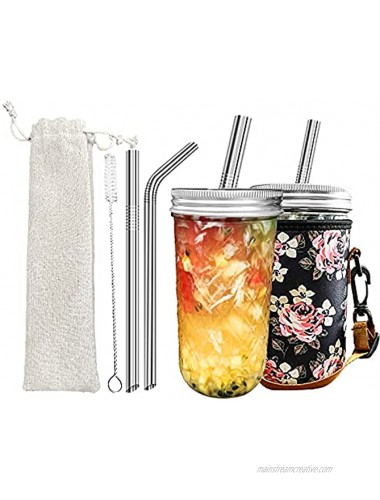 Reusable Smoothie Boba Tea Cups with Lid and Straw,wide mouth Mason Jar Cups with on the go bag 600ml 20 OZ Flower