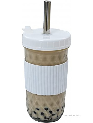 Reusable smoothie cup Boba tea cup with lid bubble tea cup glass travel cup wide mouth mason jar cup 1 piece 2 pieces 22 ounces each white）