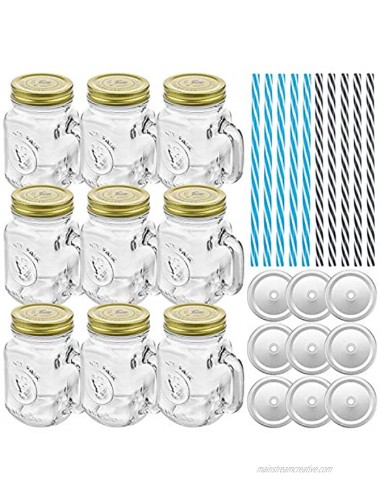 Tebery 9 Pack Old Fashioned Drinking Glass County Fair Glass Drinking Jars 16oz Mason Mugs with Handle and Straws
