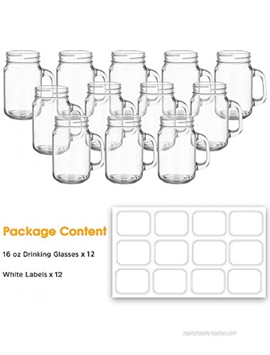 Tecohouse Mason Jar Cups with Handle 16 oz Drinking Glasses Mugs with Labels No Lids and Straws Great For Drinks Favors Candles Crafts Beverages 12 PACK