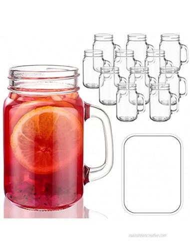 Tecohouse Mason Jar Cups with Handle 16 oz Drinking Glasses Mugs with Labels No Lids and Straws Great For Drinks Favors Candles Crafts Beverages 12 PACK