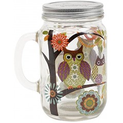 Topadorn Glass Mason Jar Beer Cup with Handle and Lid 21 oz.,Owl