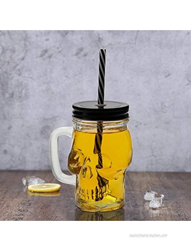 TOPZEA 6 Pack Glass Mason Drinking Jars with Handle 12 Oz Skull Beer Mugs Mason Jars with Straws Pub Drinking Mugs for Party Bar Home