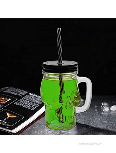 TOPZEA 6 Pack Glass Mason Drinking Jars with Handle 12 Oz Skull Beer Mugs Mason Jars with Straws Pub Drinking Mugs for Party Bar Home