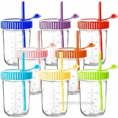 Youngever 8 Pack Kids Glass Jars with Straws 8 Ounce Kids Glass Cups with Straws Glass Mason Jars with Airtight Lids and Straws 8 Assorted Colors