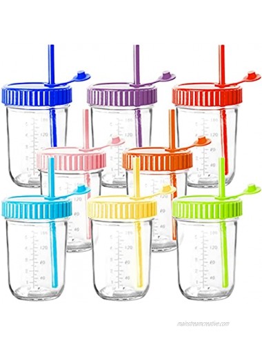 Youngever 8 Pack Kids Glass Jars with Straws 8 Ounce Kids Glass Cups with Straws Glass Mason Jars with Airtight Lids and Straws 8 Assorted Colors