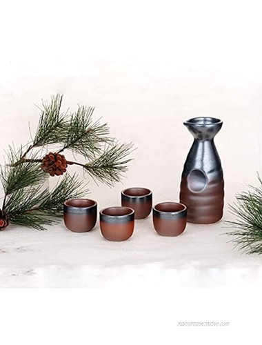 Authentic Brown and Black Sake Set with Ceramic Bottle and Four Cups Japanese Saki Sets for Gift Giving and Dinner Parties