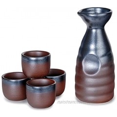 Authentic Brown and Black Sake Set with Ceramic Bottle and Four Cups Japanese Saki Sets for Gift Giving and Dinner Parties