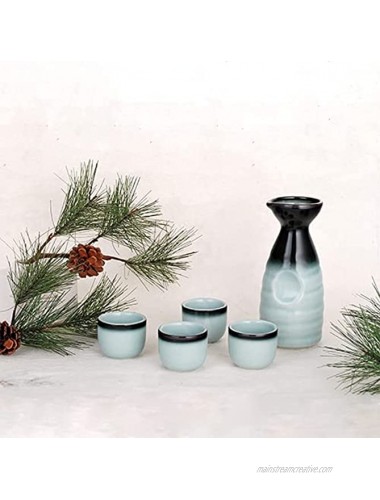 Black and Light Blue Sake Set with Ceramic Bottle and Four Cups Japanese Saki Sets for Gift Giving