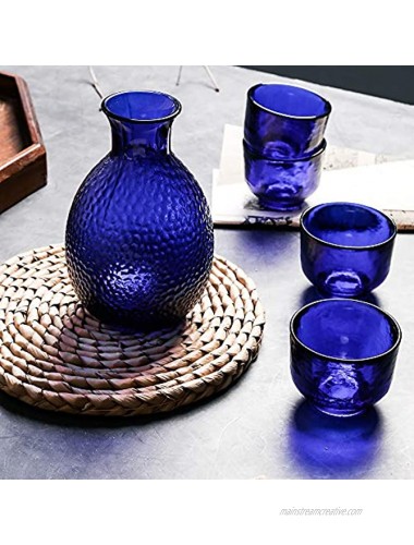 Blue Glass Japanese Sake Set 5 in 1- Tokkuri Bottle for Warm or Cold Japanese Wine Shochu Tea Blue