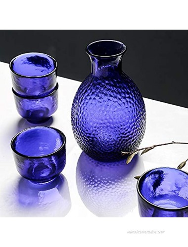 Blue Glass Japanese Sake Set 5 in 1- Tokkuri Bottle for Warm or Cold Japanese Wine Shochu Tea Blue