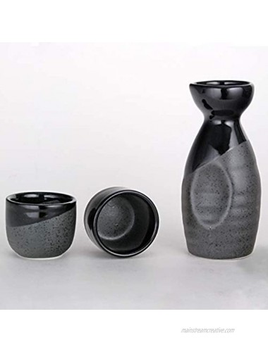 Fuji Merchandise Kagetsu Sake Set 5 fl oz Tokkuri Bottle with Two 1.5 fl oz Sake Ochoko Cups Reactive Glaze Porcelain Black Cap