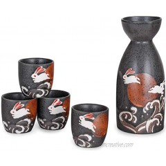 Hinomaru Collection Japanese Style Sake Set With 12 fl oz Porcelain Sake Tokkuri Bottle Decanter and Four Ochoko Cups Drinkware Gift Set Moon Rabbit Waves