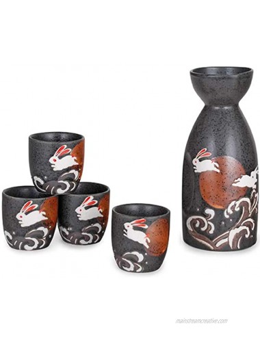 Hinomaru Collection Japanese Style Sake Set With 12 fl oz Porcelain Sake Tokkuri Bottle Decanter and Four Ochoko Cups Drinkware Gift Set Moon Rabbit Waves