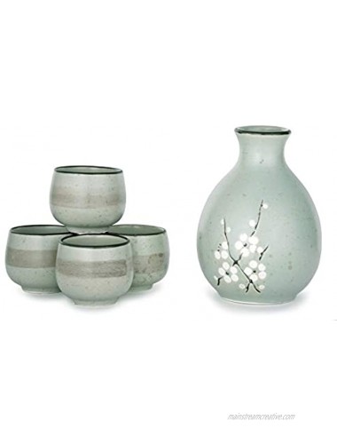 Hinomaru Collection Kagetsu Japanese Glazed Porcelain Sake Set Tokkuri 9.5 fl oz Bottle with Four Sake Ochoko Cups 2 fl oz Sake Set Soshun Green