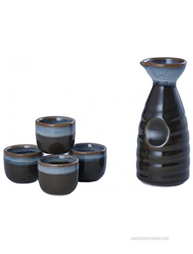 Hinomaru Collection Reactive Glaze Sake Set Tokkuri 10 fl oz Bottle with Four Sake Ochoko Cups 2 fl oz Brown