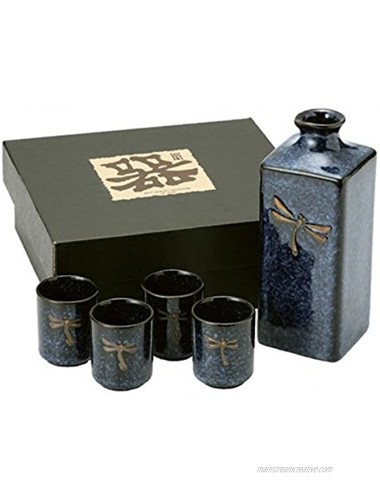 JapanBargain 1697 Japanese Porcelain Sake Set Sake Carafe Bottle Sake Cups Dragonfly Pattern Microwave Safe Made in Japan