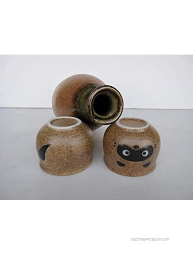 Japanese Tanuki Raccoon Tokkuri Sake Bottle and 2 Guinomi Girl and Boy Sake Cups Authentic Mino Ware Ceramic Made in Japan