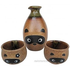 Japanese Tanuki Raccoon Tokkuri Sake Bottle and 2 Guinomi Girl and Boy Sake Cups Authentic Mino Ware Ceramic Made in Japan